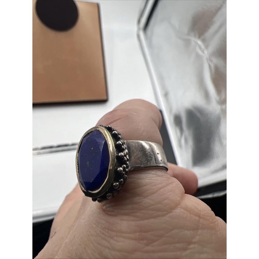 Stunning Blue Lapis Lazuli Caviar Cable 925 Silver & 14K Gold SZ 5.75 6.69 Gram